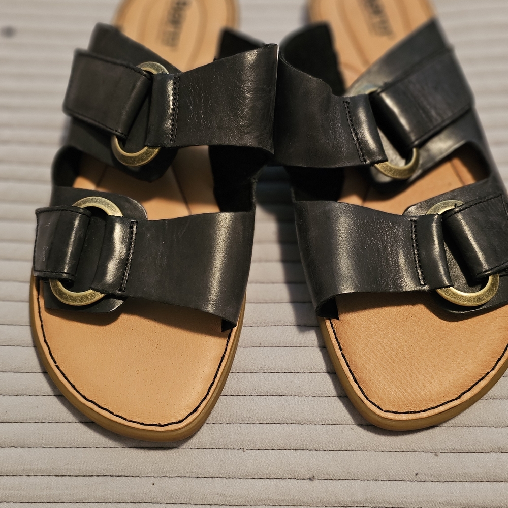 Born Black Leather Sandals with Gold Buckles